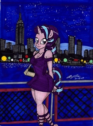Size: 1381x1867 | Tagged: safe, artist:newyorkx3, starlight glimmer, unicorn, anthro, g4, breasts, building, city, cleavage, clothes, dress, female, lights, night, purse, sexy, ship, smiling, solo, stars, traditional art, water