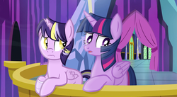 Size: 1260x691 | Tagged: safe, artist:thecheeseburger, twilight sparkle, oc, alicorn, pony, unicorn, g4, balcony, female, male, mare, stallion, twilight sparkle (alicorn), twilight's castle