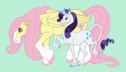 Size: 1024x590 | Tagged: safe, artist:vicnor, fluttershy, rarity, classical unicorn, clydesdale, horse, pegasus, pony, unicorn, g4, blaze (coat marking), cloven hooves, coat markings, colored hooves, duo, facial markings, fluffy, glowing horn, green background, head down, hoers, hooves up, horn, leonine tail, prancing, realistic horse legs, simple background, socks (coat markings), unshorn fetlocks