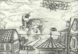 Size: 1024x717 | Tagged: safe, artist:moonlightfl, twilight sparkle, g4, biplane, steampunk, traditional art