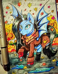 Size: 1325x1699 | Tagged: safe, artist:das_leben, oc, oc only, alicorn, bat pony, bat pony alicorn, pony, alicorn oc, autumn, bat wings, clothes, coat, curved horn, female, headphones, horn, mare, puddle, rain, solo, traditional art