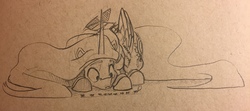 Size: 1280x568 | Tagged: safe, artist:greyscaleart, princess celestia, alicorn, ant, pony, g4, female, mare, prone, traditional art