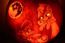 Size: 1280x853 | Tagged: safe, artist:taps, dj pon-3, octavia melody, vinyl scratch, earth pony, pony, unicorn, g4, duo, fangs, halloween, holiday, jack-o-lantern, mare in the moon, moon, nightmare night, pumpkin