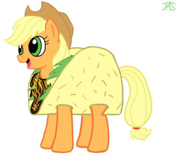 Size: 500x442 | Tagged: safe, artist:jas, applejack, earth pony, pony, g4, clothes, costume, female, food, solo, taco