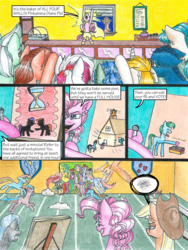 Size: 3000x4000 | Tagged: safe, artist:tillie-tmb, applejack, lyra heartstrings, thunderlane, oc, pony, comic:the amulet of shades, g4, comic, food, high res, pie, traditional art
