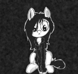 Size: 1000x950 | Tagged: safe, artist:happy harvey, oc, oc only, oc:floor bored, earth pony, pony, bags under eyes, black and white, black background, chest fluff, clothes, female, grayscale, hoodie, messy mane, monochrome, neet, phone drawing, simple background, sitting, solo