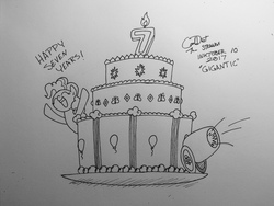 Size: 1280x960 | Tagged: safe, artist:coaldustthestrange, pinkie pie, g4, cake, female, food, happy birthday mlp:fim, mlp fim's seventh anniversary, monochrome, party cannon, solo