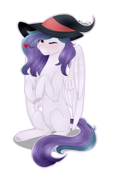 Size: 2632x4034 | Tagged: safe, artist:knaranayama, oc, oc only, oc:shylu, pegasus, pony, female, hat, high res, mare, one eye closed, sitting, solo, wink, witch hat