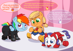 Size: 1248x883 | Tagged: safe, artist:artiecanvas, apple bloom, applejack, rainbow dash, rarity, scootaloo, sweetie belle, g4, age regression, artiecanvas is trying to murder us, black widow (marvel), blushing, clothes, costume, cute, cutie mark crusaders, dashabetes, diaper, foal, implied trixie, jackabetes, nightmare night, nightmare night costume, pacifier, poofy diaper, raribetes, scarlet witch, wonder woman