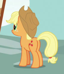 Size: 280x325 | Tagged: safe, screencap, applejack, earth pony, pony, g4, secrets and pies, butt, cropped, female, freckles, mare, plot, solo