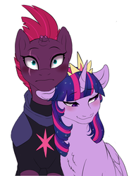 Size: 1226x1648 | Tagged: safe, artist:miamaha, fizzlepop berrytwist, tempest shadow, twilight sparkle, alicorn, pony, unicorn, g4, my little pony: the movie, blushing, broken horn, eye scar, female, guard, horn, lesbian, mare, royal guard, scar, ship:tempestlight, shipping, simple background, tempest becomes a royal guard, twilight sparkle (alicorn), white background