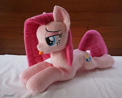 Size: 3837x3064 | Tagged: safe, artist:egalgay, pinkie pie, earth pony, pony, g4, :p, cute, cuteamena, female, high res, irl, mare, photo, pinkamena diane pie, plushie, prone, silly, solo, tongue out