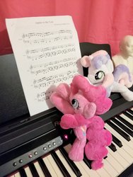 Size: 1024x1365 | Tagged: safe, artist:tiny-tea-party, artist:tsarsn0w, pinkie pie, sweetie belle, pony, g4, apples to the core, bipedal, irl, looking up, musical instrument, photo, piano, plushie, sheet music, standing