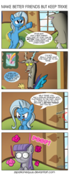 Size: 1675x4214 | Tagged: safe, artist:zsparkonequus, discord, maud pie, trixie, draconequus, earth pony, pony, unicorn, g4, character to character, comic, dialogue, female, horn, male, mare, poof, speech bubble, transformation