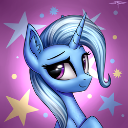 Size: 3000x3000 | Tagged: safe, artist:setharu, trixie, pony, unicorn, g4, abstract background, bust, cute, diatrixes, ear fluff, female, high res, looking away, looking back, mare, missing accessory, portrait, raised hoof, signature, smiling, solo