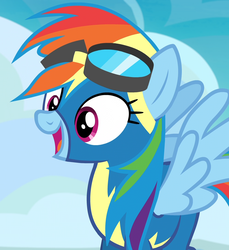 Size: 990x1080 | Tagged: safe, screencap, rainbow dash, pegasus, pony, g4, secrets and pies, clothes, cropped, cute, dashabetes, female, goggles, happy, mare, open mouth, smiling, solo, spread wings, uniform, wings, wonderbolts uniform