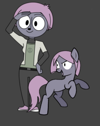 Size: 1068x1340 | Tagged: artist needed, safe, earth pony, human, pony, crossover, female, gray background, human ponidox, mare, open mouth, rearing, salute, self paradox, self ponidox, simple background, sonata, the puzzle hunters