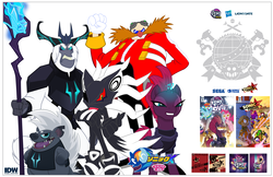 Size: 2875x1868 | Tagged: safe, artist:trungtranhaitrung, fizzlepop berrytwist, grubber, storm king, tempest shadow, pony, g4, my little pony: the movie, crossover, doctor eggman, egg pawn, flag, infinite (character), logo, male, phantom ruby, sonic forces, sonic the hedgehog, sonic the hedgehog (series), sonic x, staff, staff of sacanas