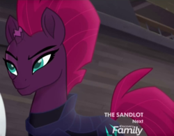 Size: 1028x803 | Tagged: safe, screencap, tempest shadow, pony, unicorn, g4, my little pony: the movie, the making of my little pony: the movie, cropped, discovery family logo, female, mare, smiling, solo, when she smiles