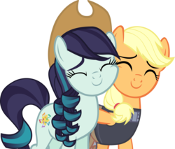 Size: 4535x3856 | Tagged: safe, artist:ironm17, applejack, coloratura, earth pony, pony, g4, the mane attraction, applejack's hat, clothes, clothes swap, cowboy hat, dress, eyes closed, female, hat, mare, nudging, rara, simple background, smiling, snuggling, transparent background, vector