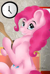 Size: 1181x1748 | Tagged: safe, artist:scarlettnovel, pinkie pie, pony, g4, clock, female, solo, wooden spoon