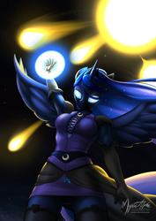 Size: 955x1351 | Tagged: safe, artist:mysticalpha, princess luna, alicorn, anthro, g4, clothes, dress, female, glowing eyes, glowing hands, mare, meteor, signature, solo, stockings, thigh highs