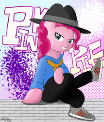Size: 1200x1400 | Tagged: safe, artist:linlaifeng, pinkie pie, earth pony, pony, g4, female, grin, mare, rapper pie, shoes, sitting, smiling, sneakers, solo