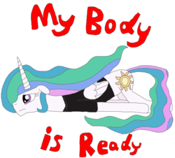 Size: 1991x1800 | Tagged: safe, artist:supahdonarudo, princess celestia, alicorn, pony, g4, clothes, female, mare, my body is ready, quote, reggie fils-aime, retrolestia, shirt, simple background, t-shirt, transparent background