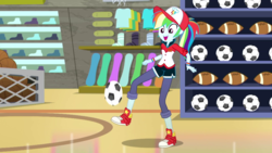 Size: 1280x720 | Tagged: safe, screencap, rainbow dash, epic fails, equestria girls, g4, my little pony equestria girls: summertime shorts, ball, cap, clothes, converse, cute, female, hat, open mouth, shoes, sneakers, solo, store