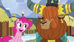Size: 1280x720 | Tagged: safe, screencap, pinkie pie, prince rutherford, earth pony, pony, yak, g4, not asking for trouble, crown, ear piercing, earring, female, happy, horn, horn ring, hut, jewelry, male, mare, piercing, regalia