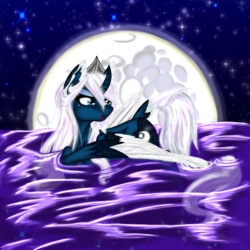 Size: 1460x1460 | Tagged: safe, artist:acespade777, derpibooru exclusive, princess luna, alicorn, pony, g4, alternate design, alternate universe, digital art, female, mare, mare in the moon, moon, night, solo, water, white-haired luna