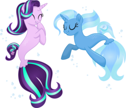 Size: 6000x5122 | Tagged: safe, artist:limedazzle, starlight glimmer, trixie, pony, seapony (g4), unicorn, g4, my little pony: the movie, absurd resolution, cute, diatrixes, duo, duo female, eyes closed, female, glimmerbetes, laughing, mare, movie accurate, race swap, seaponified, seapony starlight glimmer, seapony trixie, ship:startrix, shipping, show accurate, simple background, smiling, species swap, transparent background, underwater