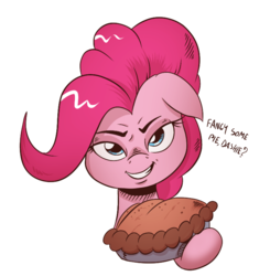 Size: 750x765 | Tagged: safe, artist:saturdaymorningproj, pinkie pie, earth pony, pony, g4, secrets and pies, eat my pie, female, floppy ears, food, grin, implied rainbow dash, mare, offscreen character, pie, simple background, smiling, solo, transparent background