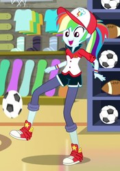 Size: 504x720 | Tagged: safe, screencap, rainbow dash, epic fails, equestria girls, g4, my little pony equestria girls: summertime shorts, ball, cap, clothes, converse, cropped, female, hat, pants, shoes, smiling, sneakers