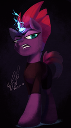Size: 568x1027 | Tagged: safe, artist:erica693992, tempest shadow, pony, unicorn, g4, my little pony: the movie, black background, broken horn, eye scar, female, horn, magic, scar, simple background, solo, sparking horn