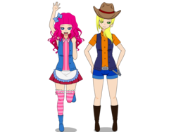 Size: 1600x1200 | Tagged: safe, artist:kittyneli, applejack, pinkie pie, human, g4, alternate hairstyle, belt, boots, bow, clothes, cowboy hat, denim, duo, female, hat, humanized, kisekae, pleated skirt, shoes, shorts, simple background, skirt, socks, stetson, striped socks, thigh highs, transparent background