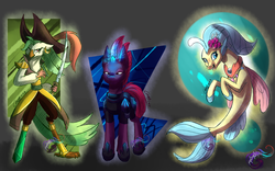 Size: 3200x2000 | Tagged: safe, artist:mysteryart716, captain celaeno, princess skystar, tempest shadow, parrot pirates, pony, seapony (g4), unicorn, anthro, g4, my little pony: the movie, amputee, anthro with ponies, armor, blue eyes, blue mane, bubble, dorsal fin, female, fin, fin wings, fins, fish tail, flower, flower in hair, flowing mane, flowing tail, freckles, glowing, glowing horn, high res, hoof shoes, horn, jewelry, mare, necklace, ocean, open mouth, open smile, pearl necklace, pirate, seashell necklace, signature, smiling, swimming, sword, tail, teeth, underwater, water, weapon, wings