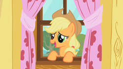 Size: 1280x720 | Tagged: safe, screencap, applejack, earth pony, pony, g4, the show stoppers, applejack's hat, clubhouse, cowboy hat, crusaders clubhouse, curtains, cute, female, hat, jackabetes, mare, open mouth, smiling, solo, stetson, treehouse, window