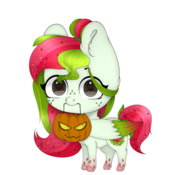 Size: 800x800 | Tagged: safe, artist:harukamuk2, oc, oc only, oc:watermelana, pony, colored wings, freckles, gradient hooves, gradient wings, halloween, holiday, jack-o-lantern, looking at you, mouth hold, pumpkin, simple background, solo, transparent background
