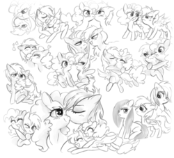 Size: 965x877 | Tagged: safe, artist:pinkablue, pinkie pie, rainbow dash, earth pony, pegasus, pony, g4, doodle, duo, female, grayscale, heart, hug, kissing, lesbian, mare, monochrome, ship:pinkiedash, shipping, simple background, smiling, white background