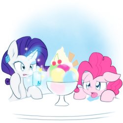 Size: 2048x2048 | Tagged: safe, artist:akainu_pony, pinkie pie, rarity, earth pony, pony, unicorn, g4, cup, duo, food, gradient background, high res, ice cream, iphone, table, tongue out