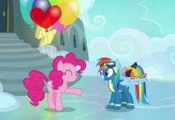 Size: 1106x756 | Tagged: safe, screencap, pinkie pie, rainbow dash, g4, secrets and pies, balloon, clothes, food, heart balloon, pie, rainbow blueberry pie, uniform, wing hands, wings, wonderbolts uniform