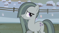 Size: 1280x720 | Tagged: safe, screencap, marble pie, earth pony, pony, g4, hearthbreakers, cute, female, looking away, mare, outdoors, raised hoof, shy, smiling, snow, solo, standing, winter