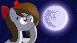 Size: 2500x1406 | Tagged: safe, artist:rsa.fim, oc, oc only, oc:whisper hope, pegasus, pony, bow, eye reflection, female, mare, mare in the moon, mexican, moon, red eyes, reflection, ribbon, solo, thinking