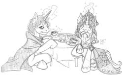 Size: 2827x1721 | Tagged: safe, artist:dimvitrarius, star swirl the bearded, oc, pony, unicorn, g4, shadow play, food, magic, monochrome, parody, tea, tea party