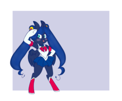 Size: 1024x843 | Tagged: safe, artist:uniquecolorchaos, princess luna, alicorn, anthro, unguligrade anthro, g4, armpits, blushing, clothes, cosplay, costume, female, looking at you, sailor moon (series), salute, socks, solo, tongue out