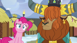 Size: 1280x720 | Tagged: safe, screencap, pinkie pie, prince rutherford, earth pony, pony, yak, g4, not asking for trouble, crown, duo, ear piercing, earring, female, horn, horn ring, hut, jewelry, male, mare, piercing, raised eyebrow, regalia