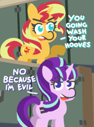 Size: 506x681 | Tagged: safe, artist:threetwotwo32232, starlight glimmer, sunset shimmer, pony, unicorn, g4, comic, dc comics, dialogue, doctor polaris, egalitarianism, equal cutie mark, grammar error, justice league, justice league unlimited, lex luthor, parody, public bathroom, pure unfiltered evil, the flash, toilet