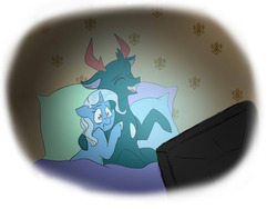 Size: 1184x891 | Tagged: safe, artist:arirain, pharynx, trixie, changedling, changeling, pony, unicorn, g4, bed, female, laughing, male, mare, phartrix, pillow, prince pharynx, scared, shipping, stallion, straight, television, watching tv