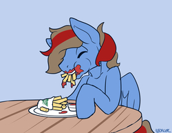 Size: 3717x2864 | Tagged: safe, artist:neoncel, oc, oc only, oc:bouncer, eating, food, french fries, high res, messy eating, solo